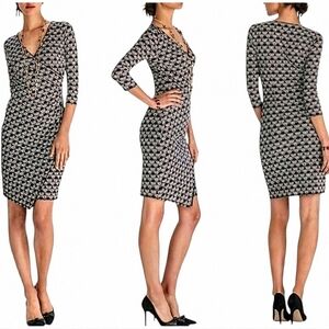 WHBM Black White Red Geometric 3/4 Sleeve Faux Wrap Asymetric Hem